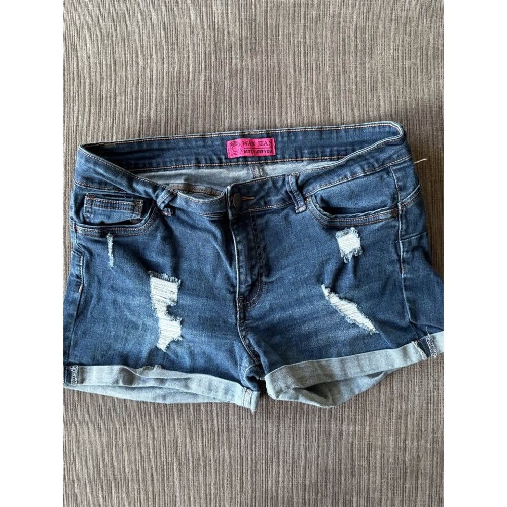 Wax Jean "Butt I Love You" LARGE Distressed Cuffed Denim Jean Shorts
